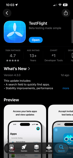 Screenshot of TestFlight in Apple App Store