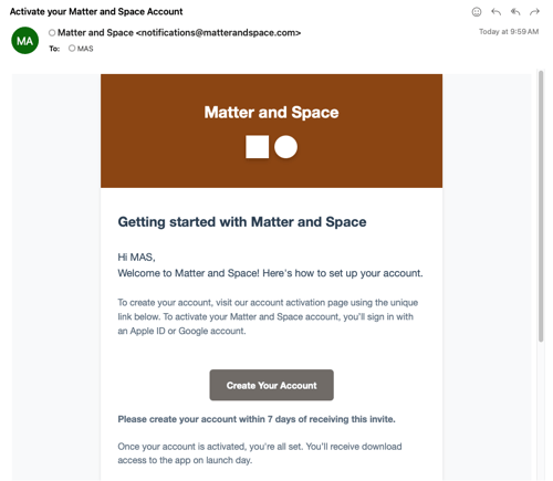 Screenshot of the Activate your Matter and Space account email Screenshot of the Activate your Matter and Space account email