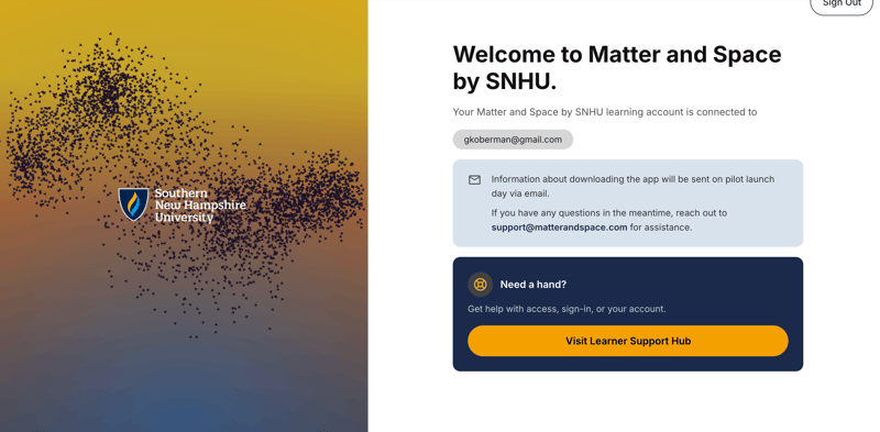 Screenshot of welcome to Matter and Space by SNHU successful activation page Screenshot of welcome to Matter and Space by SNHU successful activation page